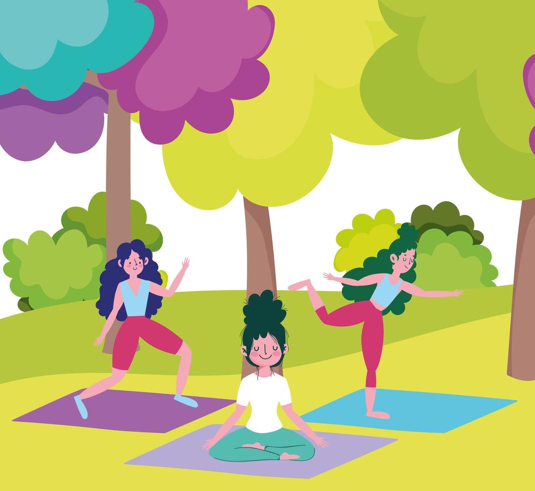 young group women training yoga meditation, exercises outdoor vector