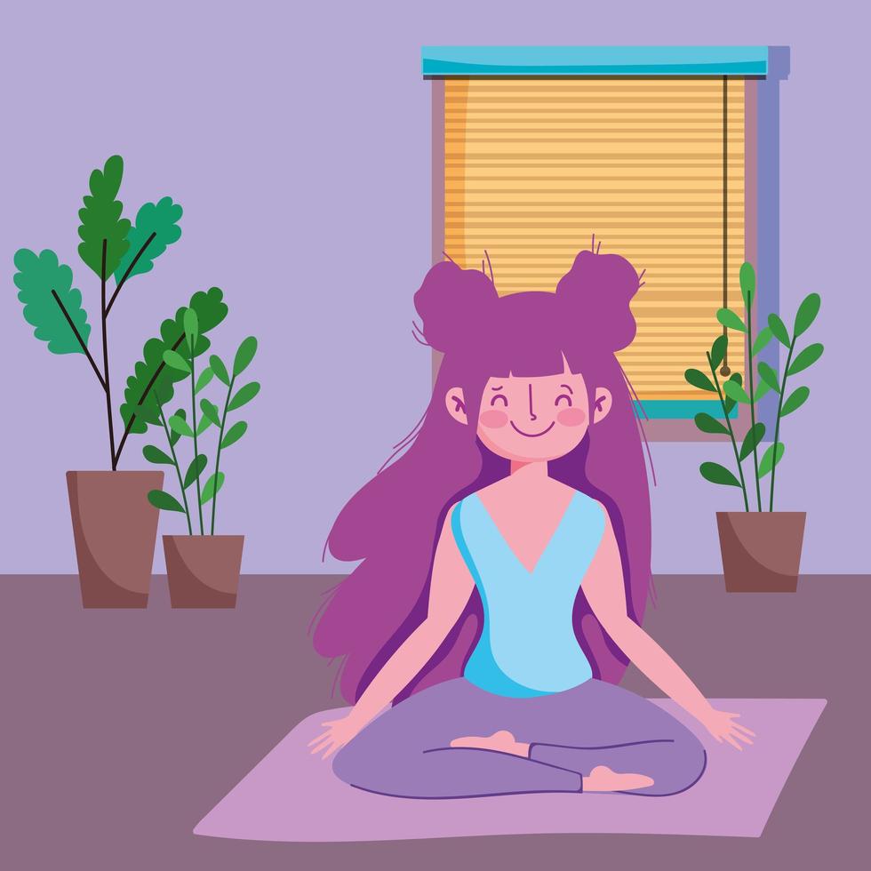 girl in yoga lotus pose on mat in the room, exercises at home vector