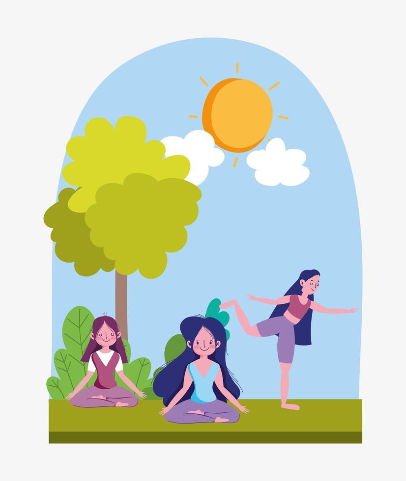 group young people training yoga pose stretching cartoon vector