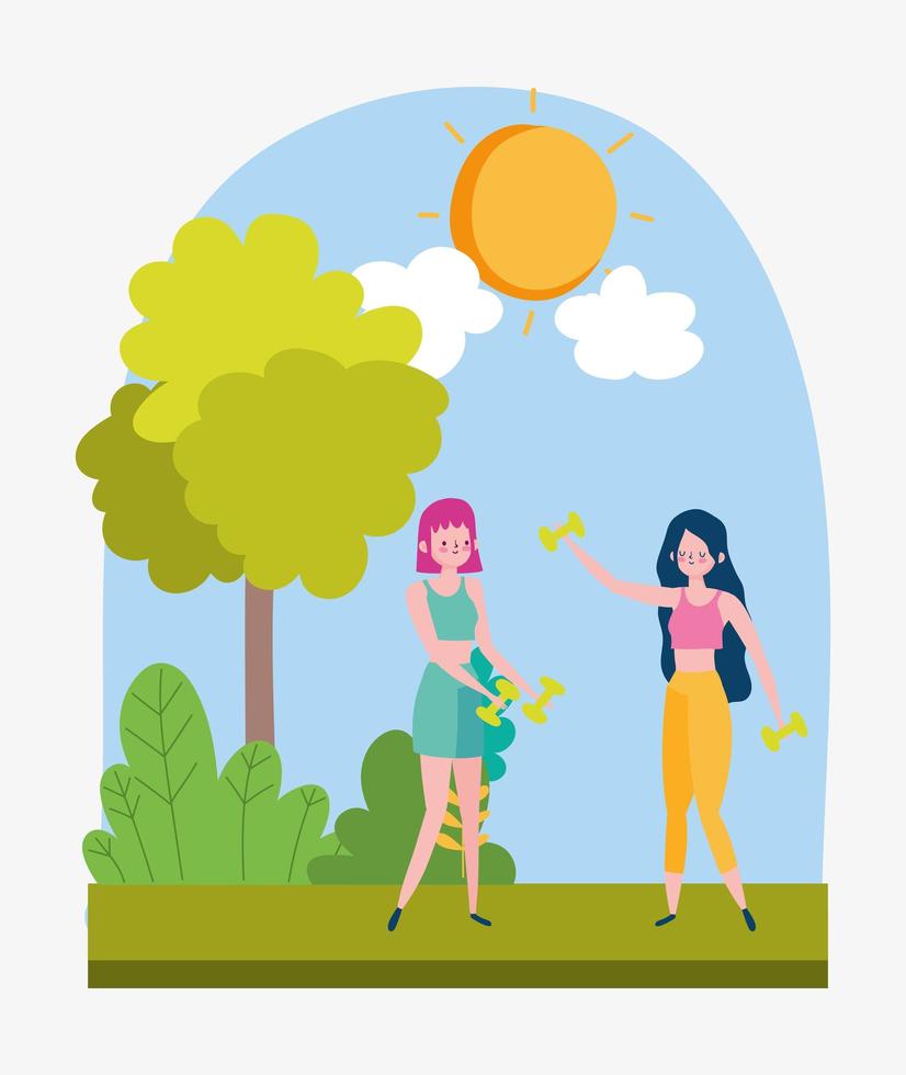 young women training with gym weights in the park cartoon vector