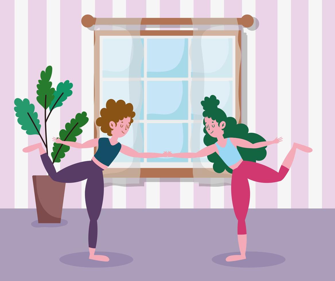 girls holding hands practicing yoga in room, exercises at home vector