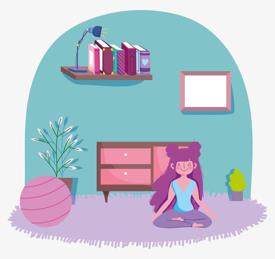 girl in lotus pose yoga with ball in the room, exercises at home vector