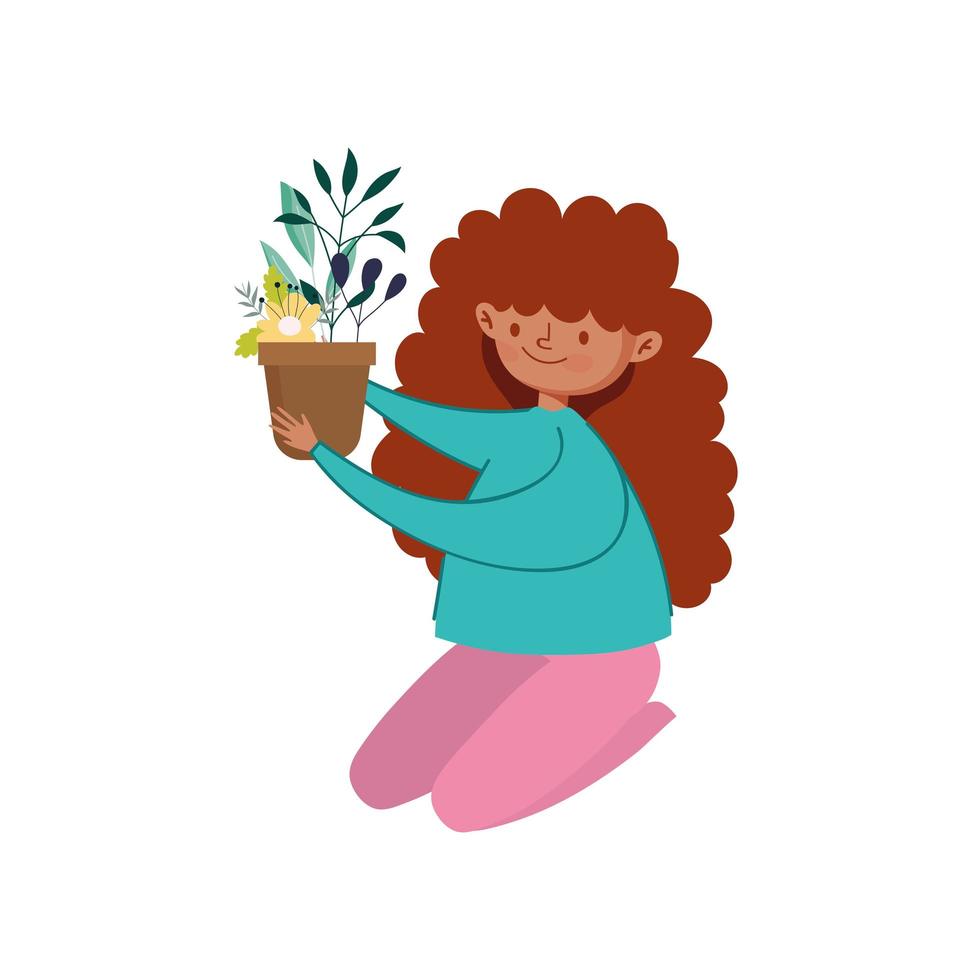 Chica de rodillas con planta en maceta icono aislado sobre fondo blanco. vector