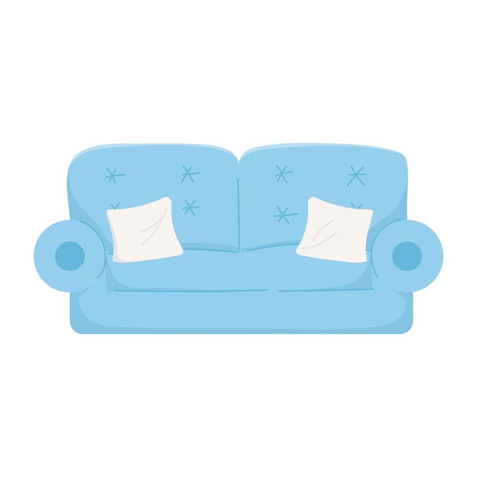 Sofá azul y cojines decoración de muebles icono aislado sobre fondo blanco. vector