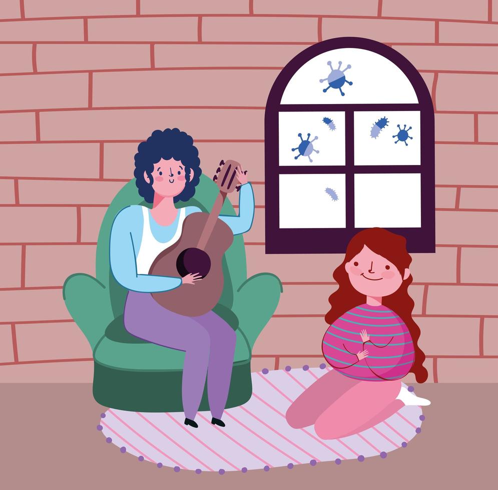 people differents activity, man playing guitar and girl in room, quarantine stay at home vector