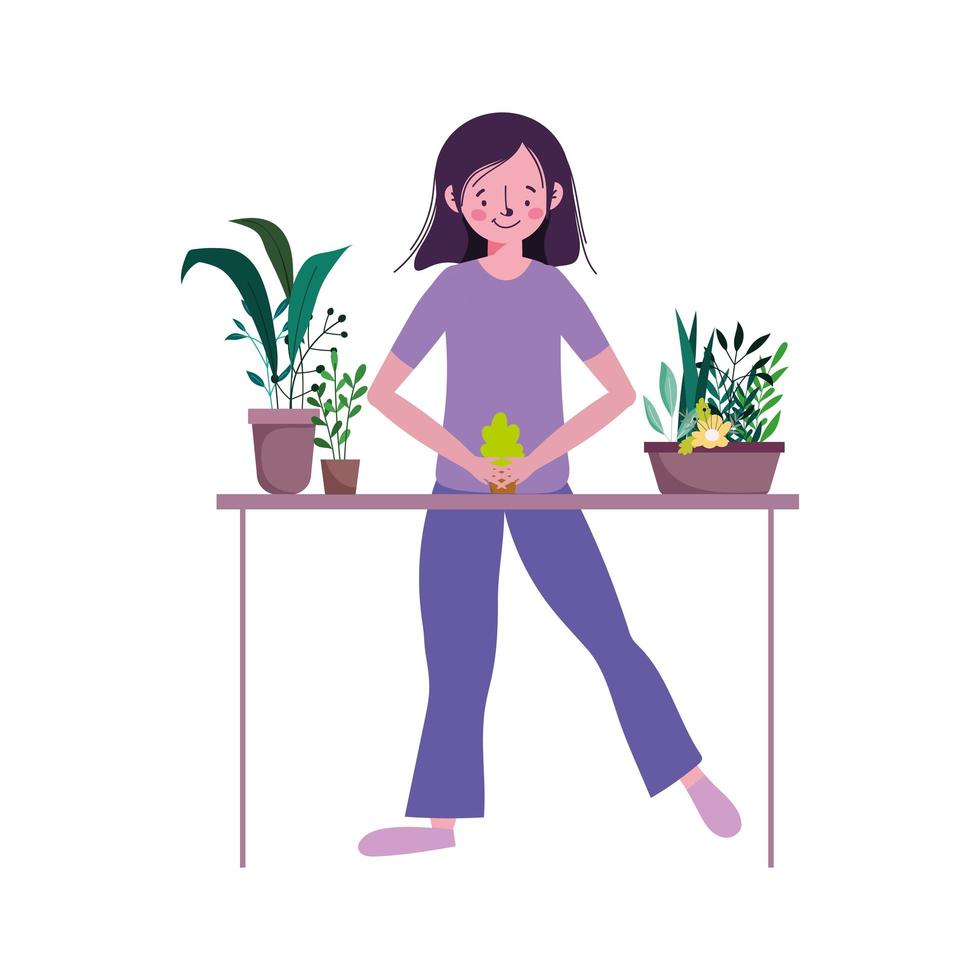 Mujer con plantas en macetas en la mesa de jardinería icono aislado sobre fondo blanco. vector