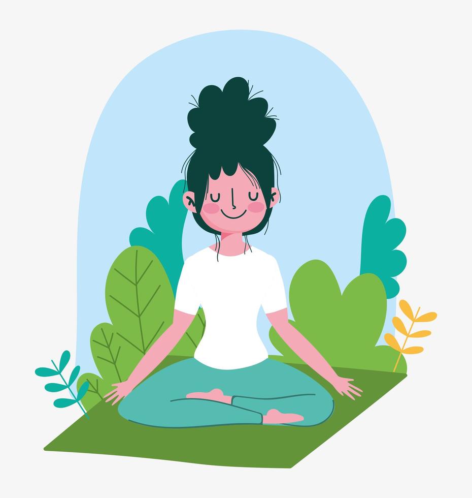 mujer joven, practicar, yoga, en, lotus, posar, en, estera, al aire libre vector