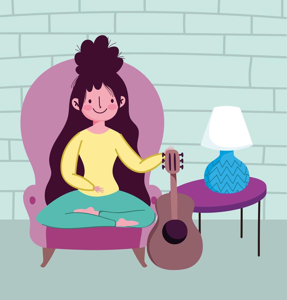 woman sitting with guitar, quarantine stay at home vector
