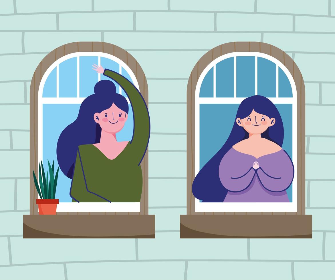 happy women looking at window, quarantine stay at home vector