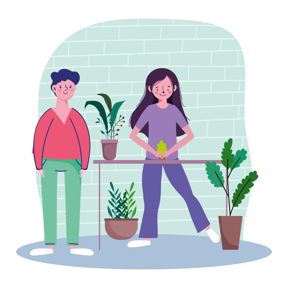 pareja con plantas en macetas jardinería, cuarentena quedarse en casa vector