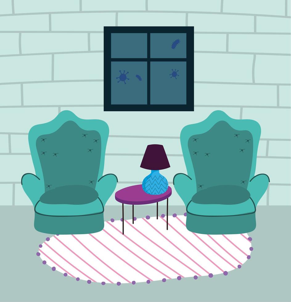 quarantine stay at home, armchairs table with lamp and window vector