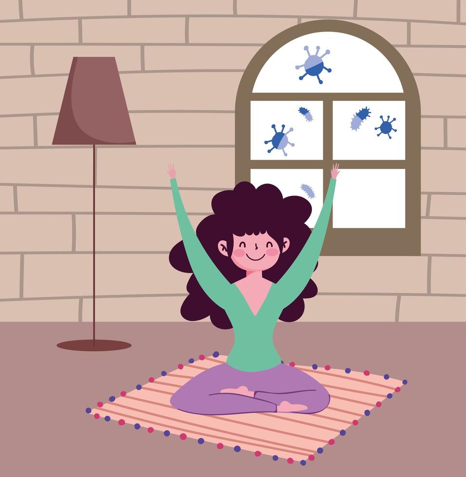 girl practicing yoga pose in room, quarantine stay at home vector