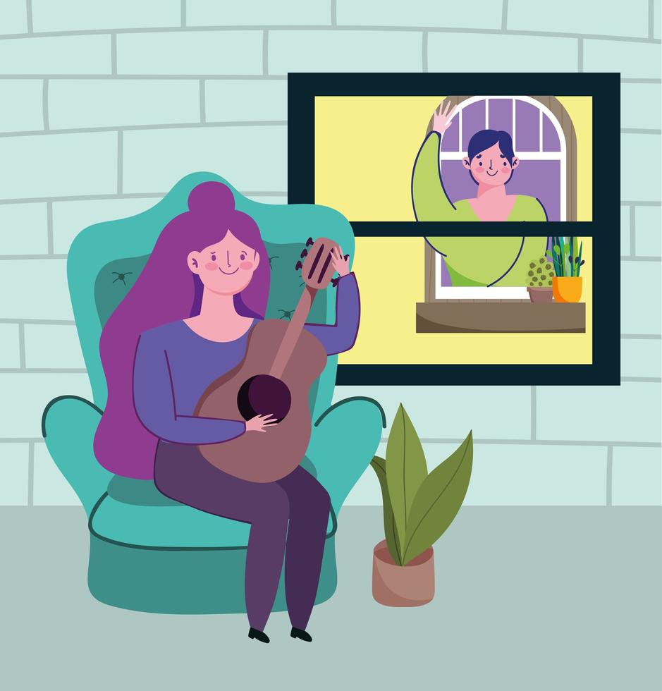 girl playing guitar and man watching at window, quarantine stay at home vector