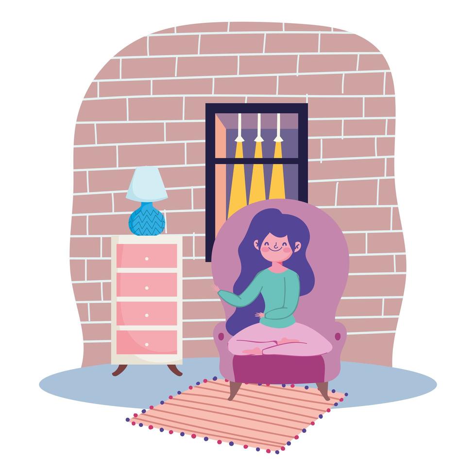 girl sitting in yoga pose on chair, quarantine stay at home vector