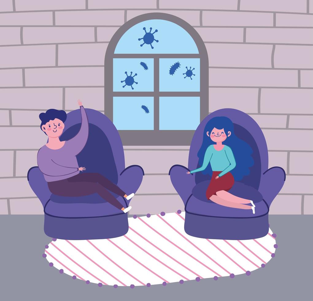 man and woman sitting in chairs living room, quarantine stay at home vector