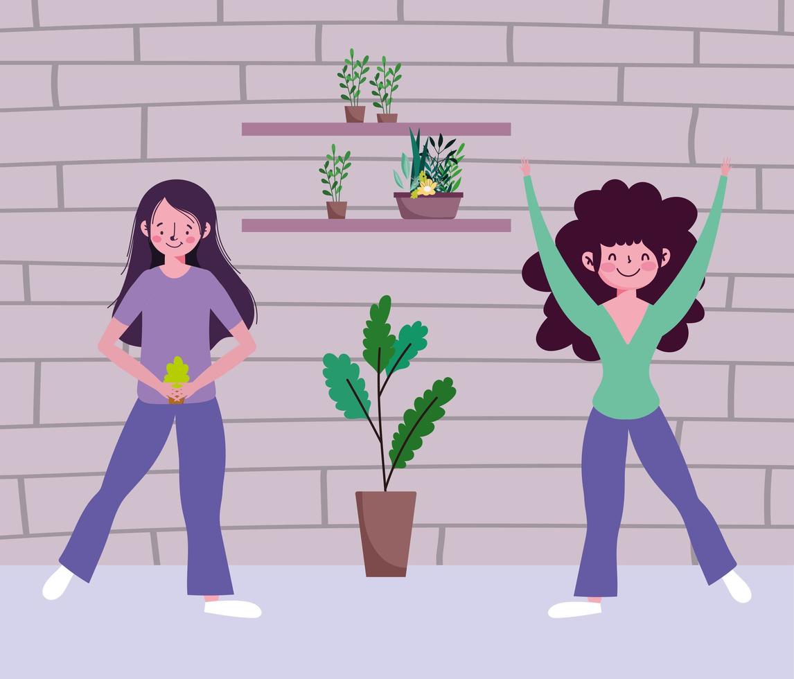 happy girls with potted plants, quarantine stay at home vector