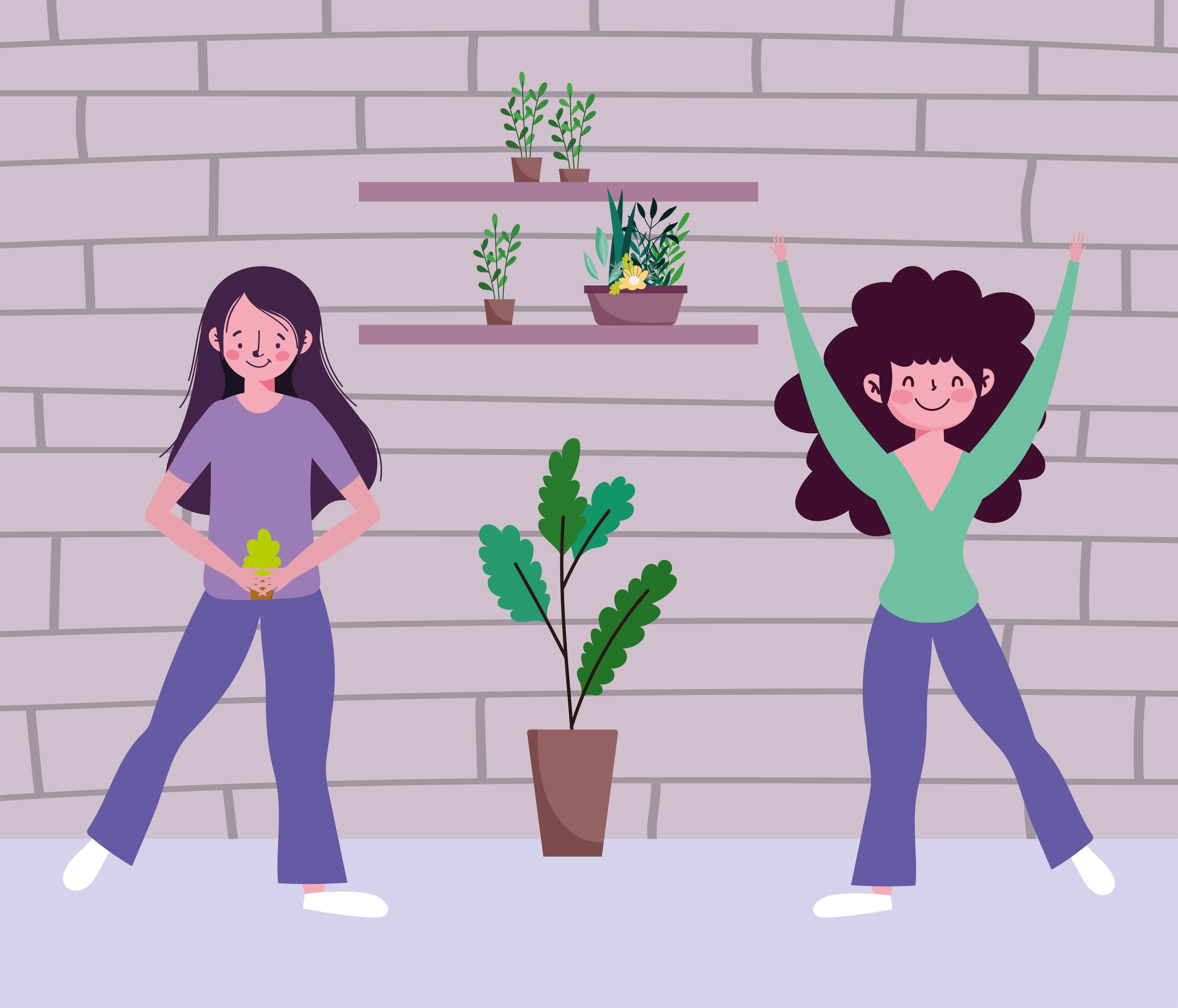 happy girls with potted plants, quarantine stay at home 4202564 Vector ...