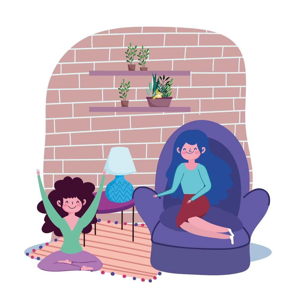 woman in chair and girl yoga pose, quarantine stay at home vector