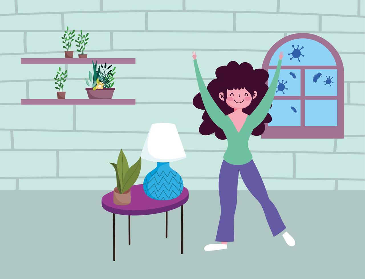 happy girl with plants lamp and table, quarantine stay at home vector