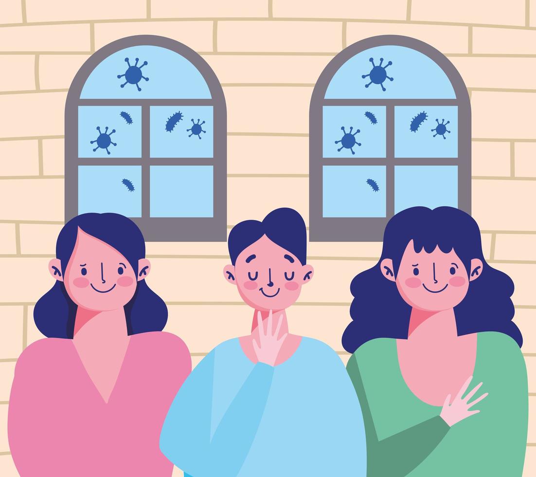 persons waving hand window room, quarantine stay at home vector