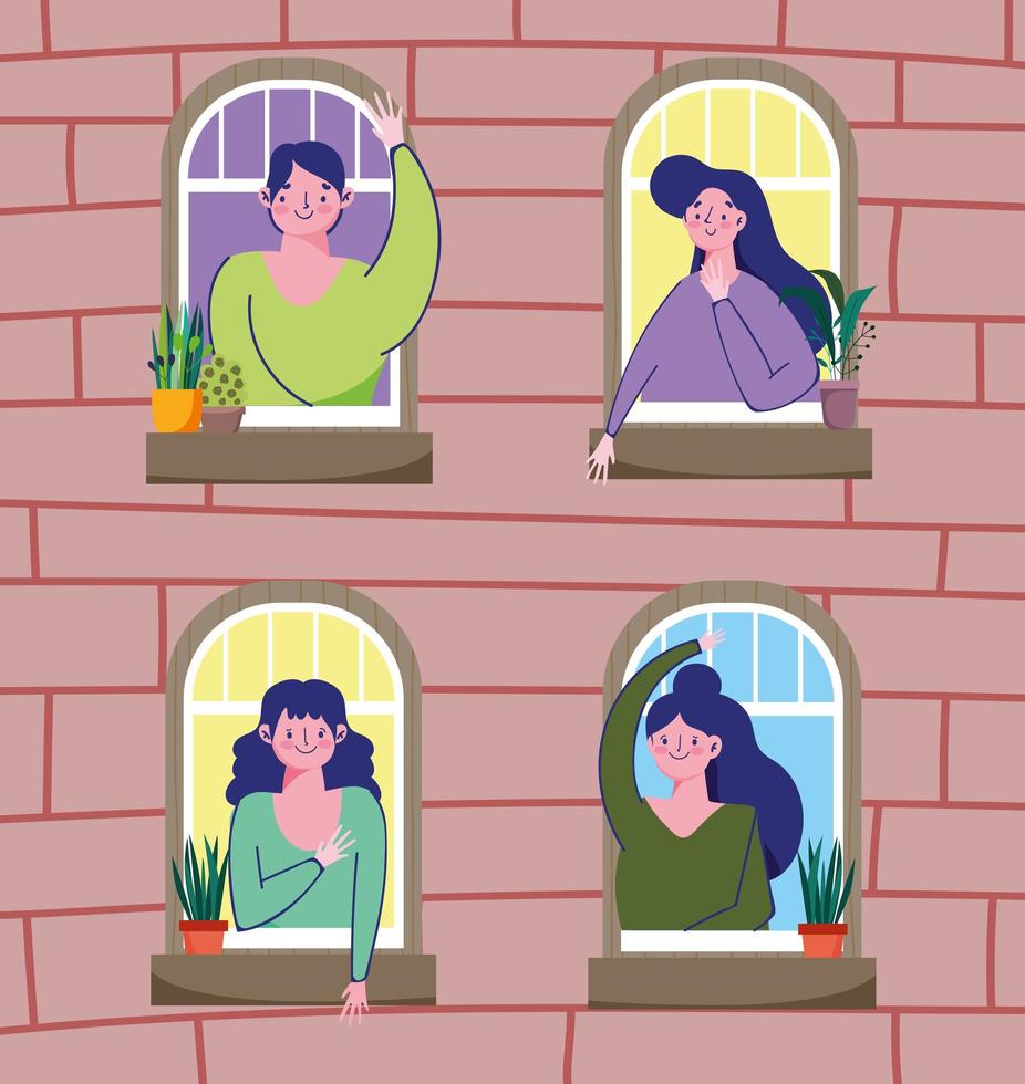 persons looking at windows facade apartment, quarantine stay at home vector
