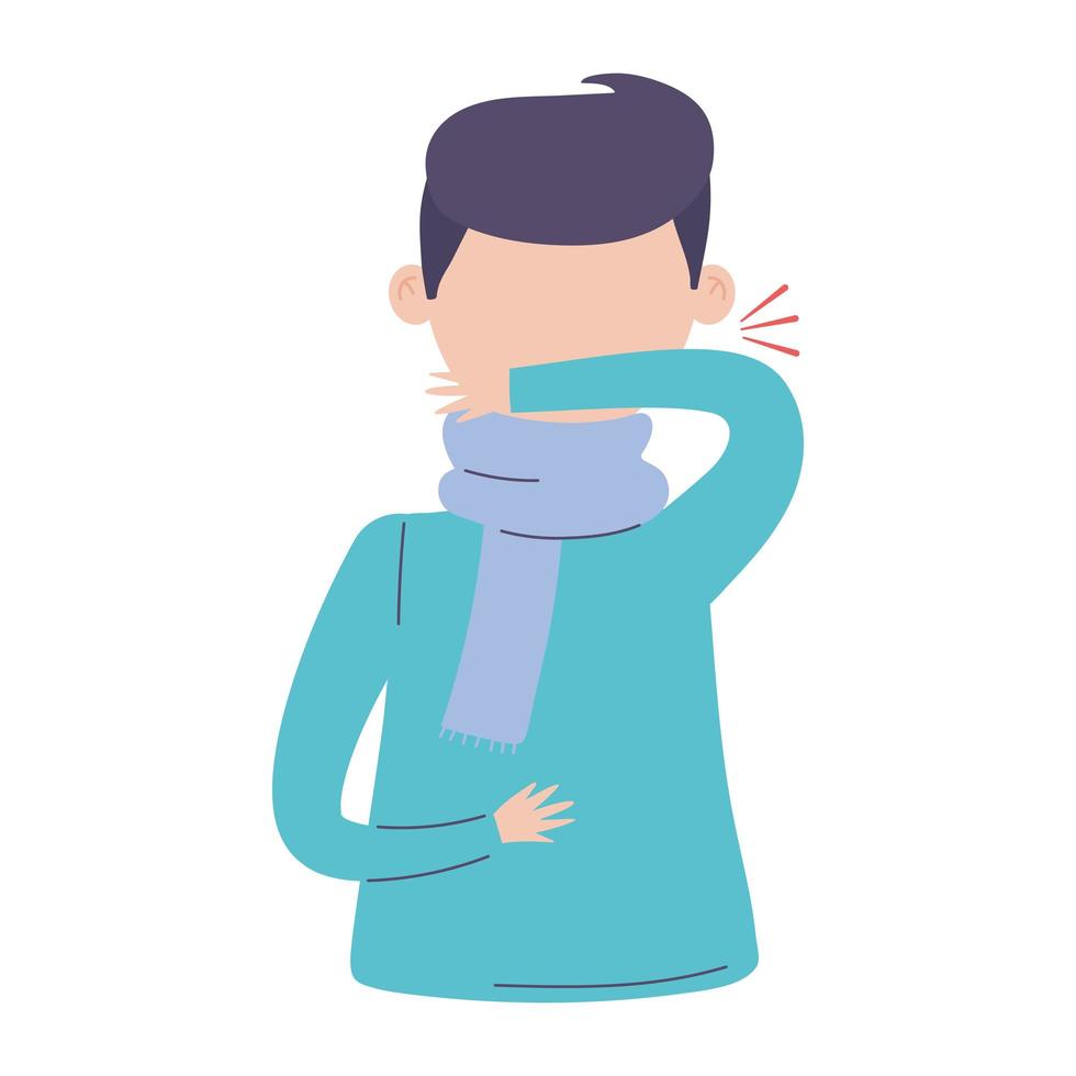 covid 19 coronavirus, sick man coughing cover mouth with elbow, isolated icon vector