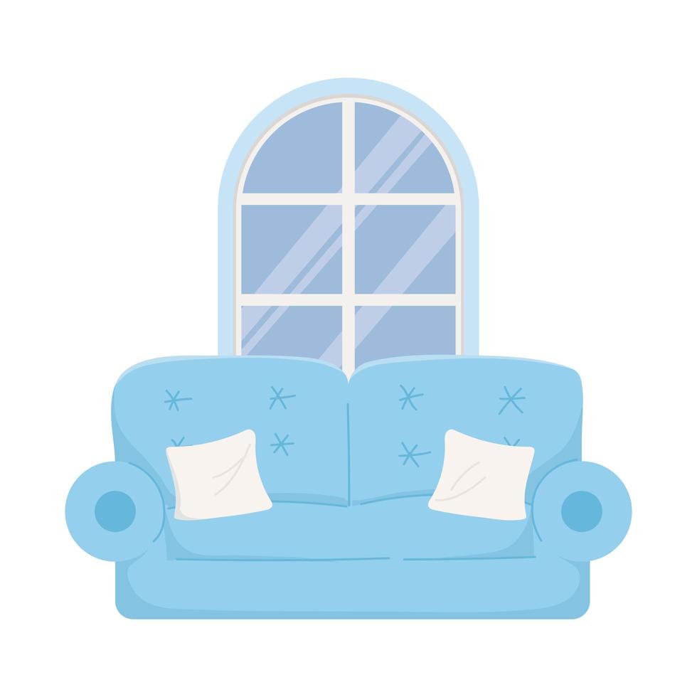 Sofá con cojines y ventana casa icono aislado sobre fondo blanco. vector
