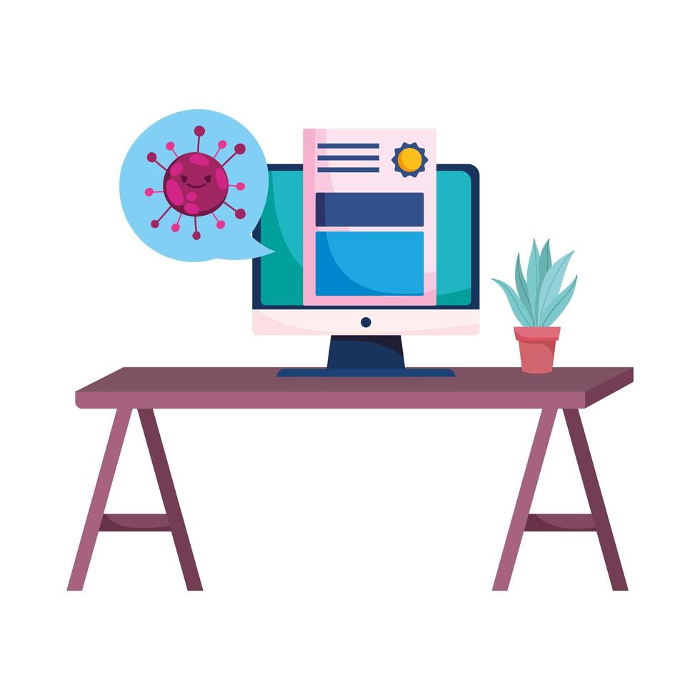 Desk plant diplom and computer with Covid 19 virus vector design