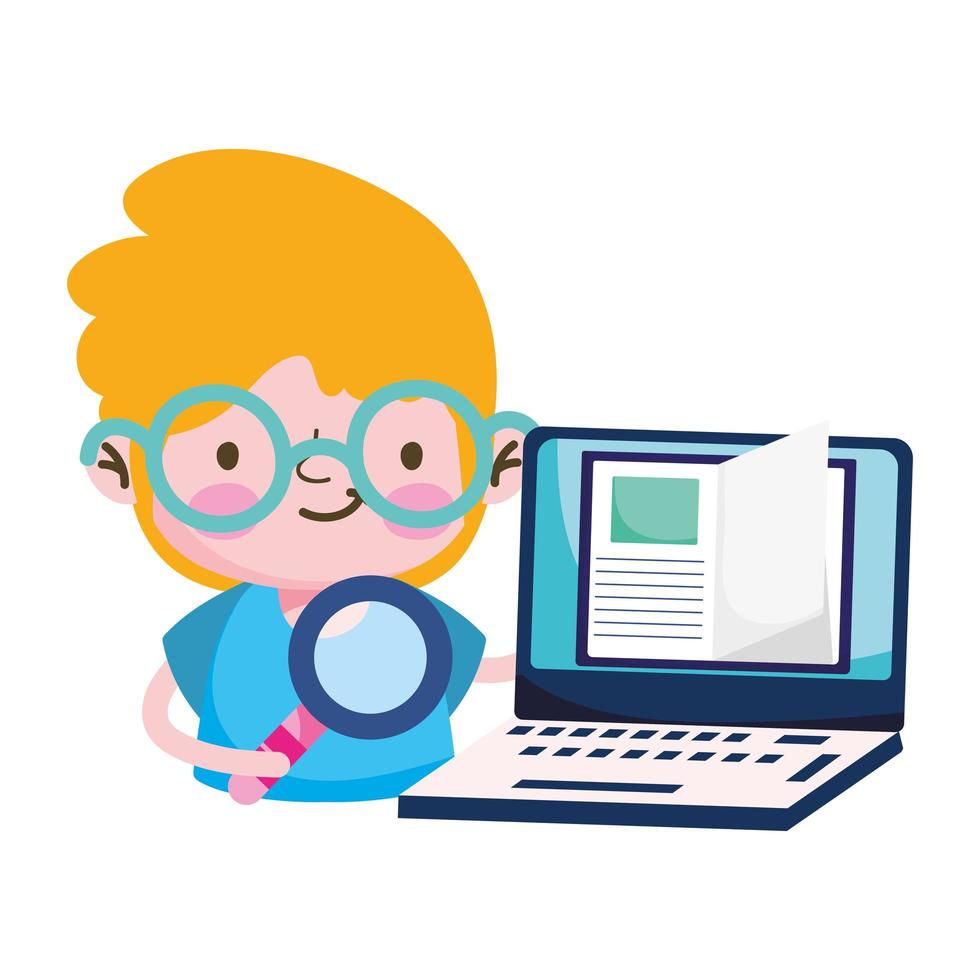 Boy kid book lupe and laptop vector design
