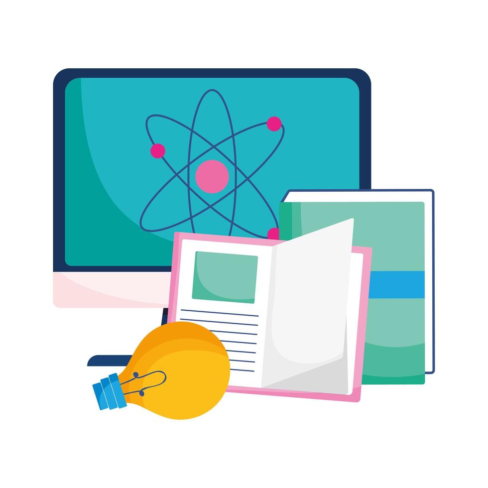 Isolated computer atom light bulb and books vector design