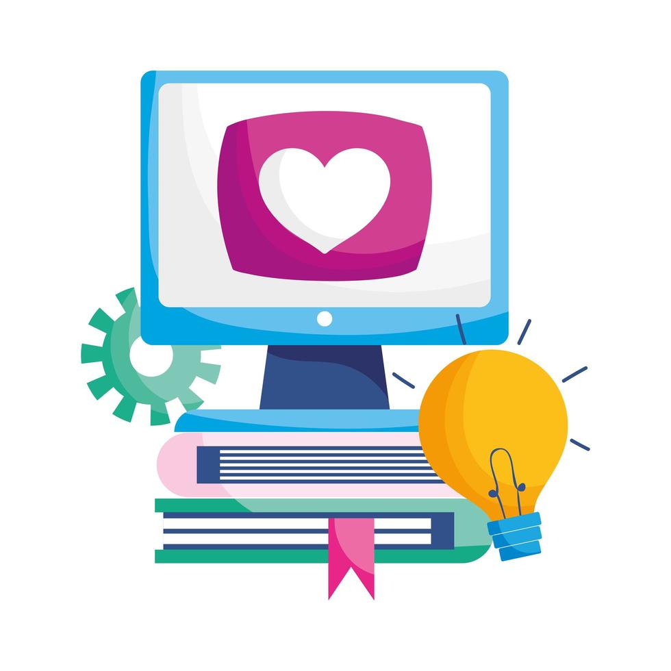 Isolated computer books heart gear and light bulb vector design
