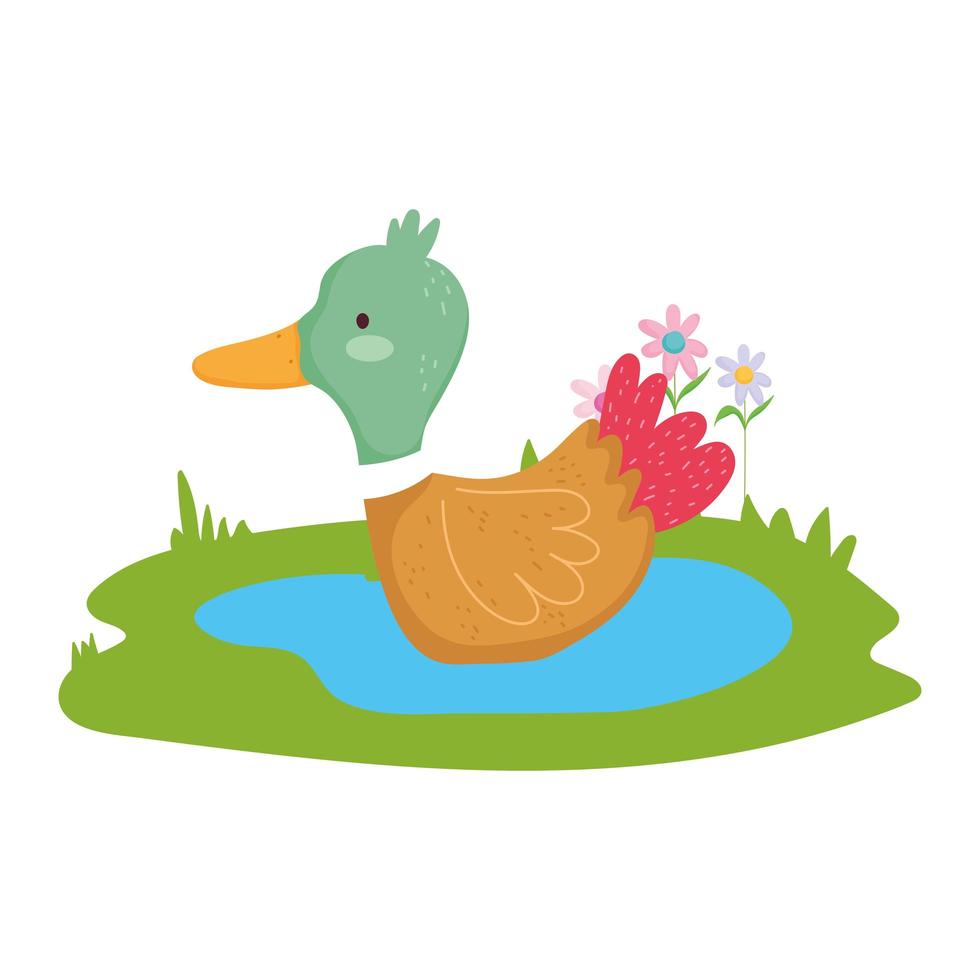 pato en el lago hierba flores dibujos animados de animales de granja vector