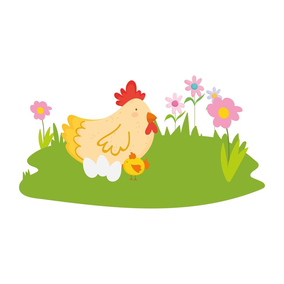 hen chicken and eggs flowers grass farm animal cartoon vector