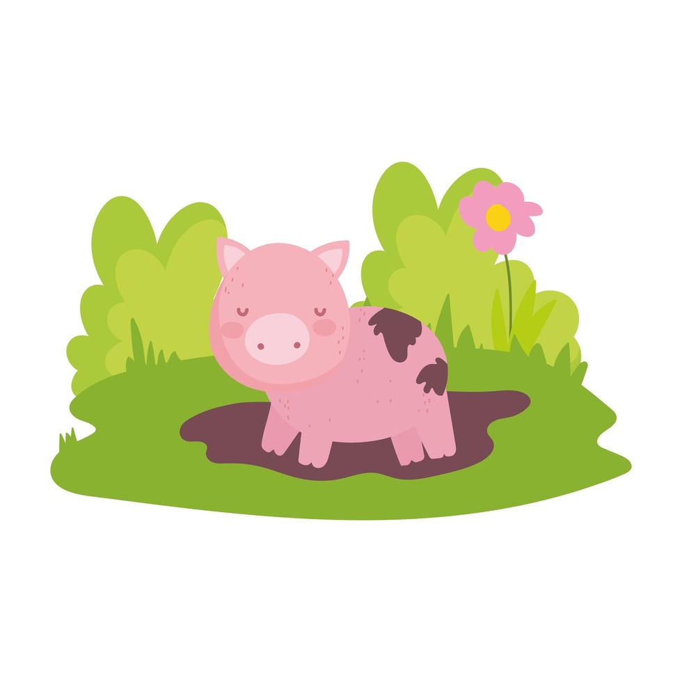pig in mud flower grass farm animal isolated icon on white background vector