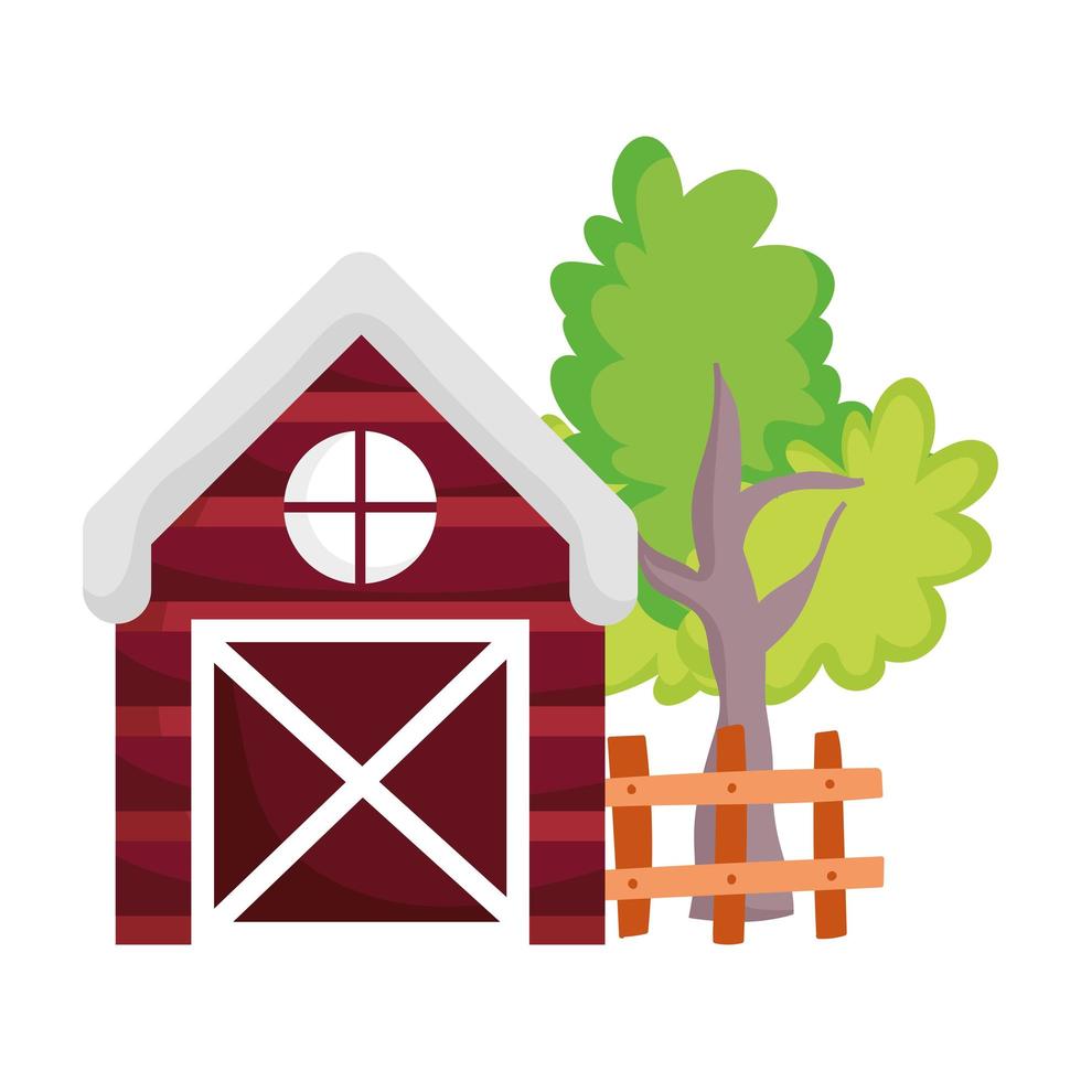 granero, árbol, valla de madera, granja, caricatura, aislado, icono, blanco, plano de fondo vector