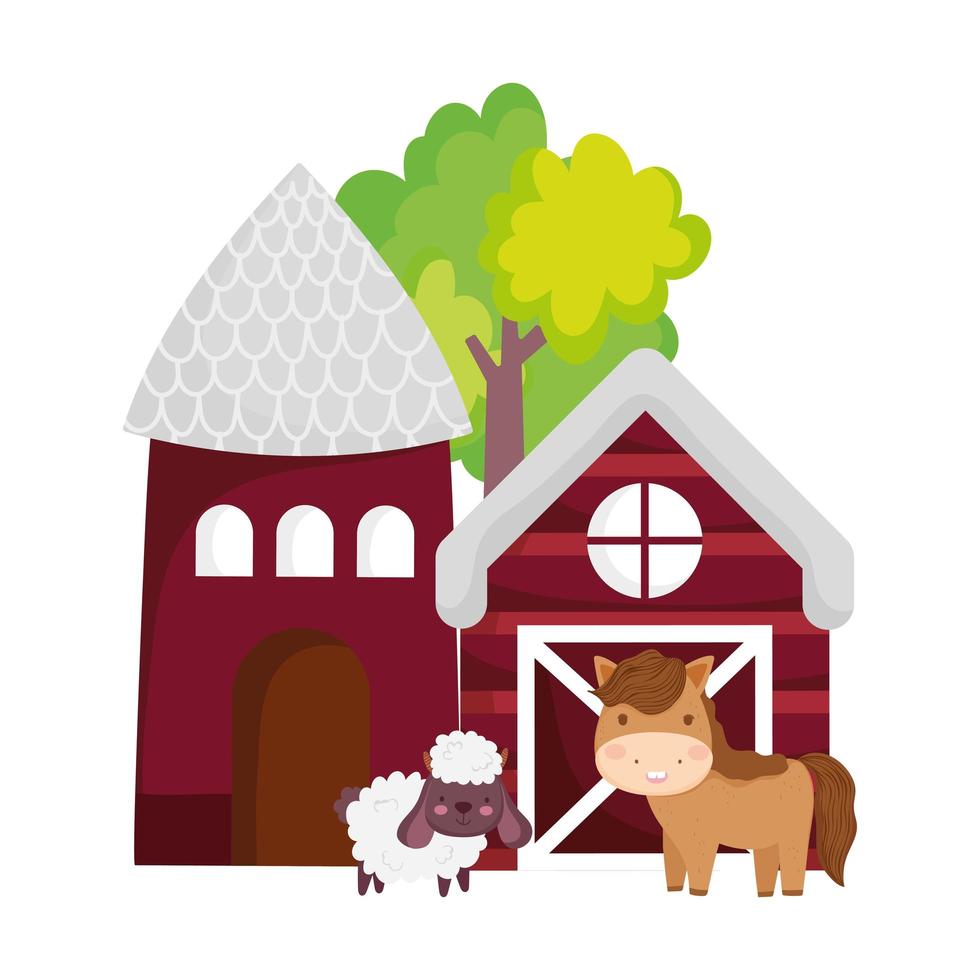 animales de granja granero casa caballo y cabra dibujos animados vector