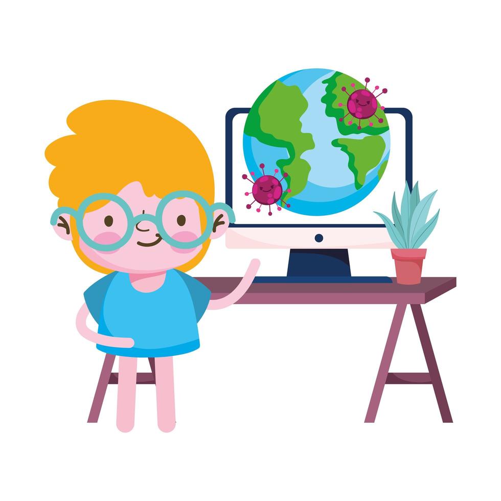 Boy world desk plant and computer with Covid 19 virus vector design