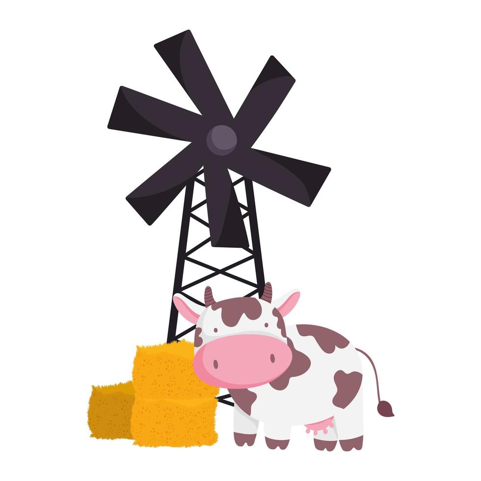 farm animals cow stack of hay windmill cartoon vector