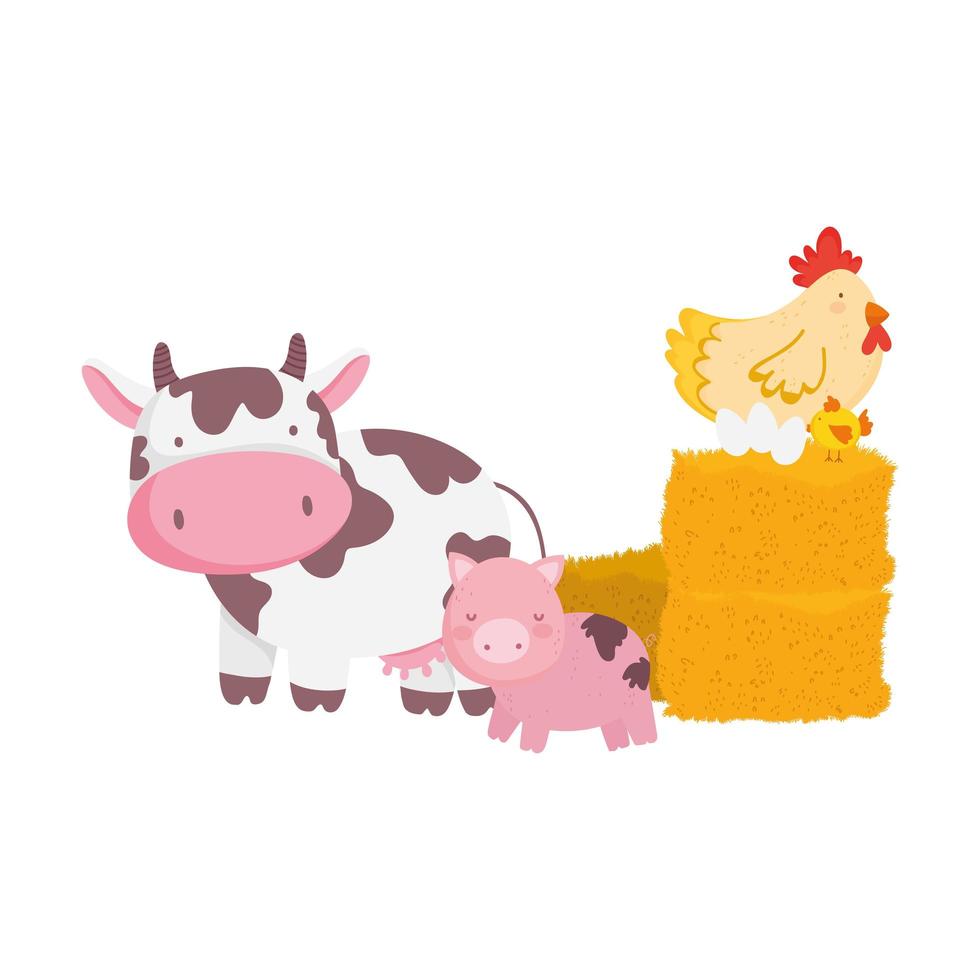 animales de granja, cerdo, vaca, gallina, y, huevos, en, heno, caricatura vector