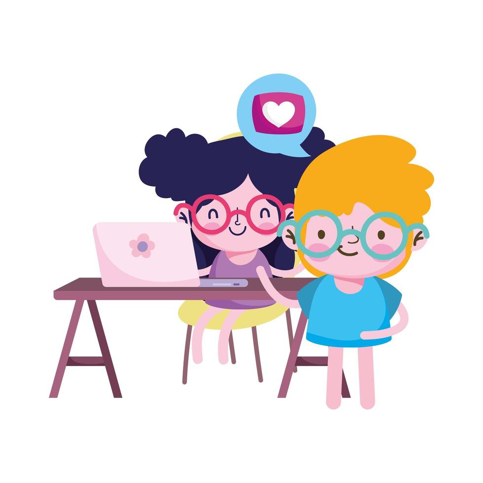 Girl and boy kid with laptop desk and bubble vector design