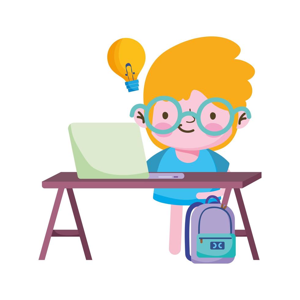 Boy kid laptop and light bulb on desk vector design