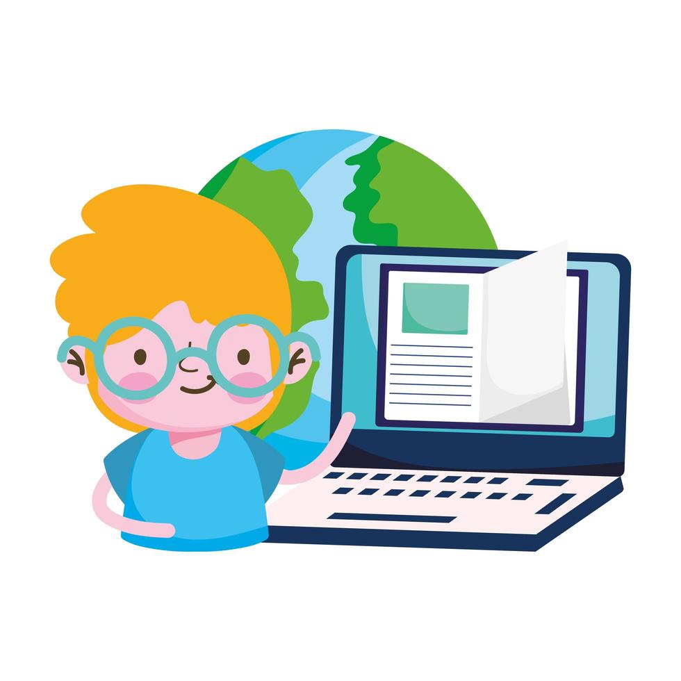 Boy kid world book and laptop vector design