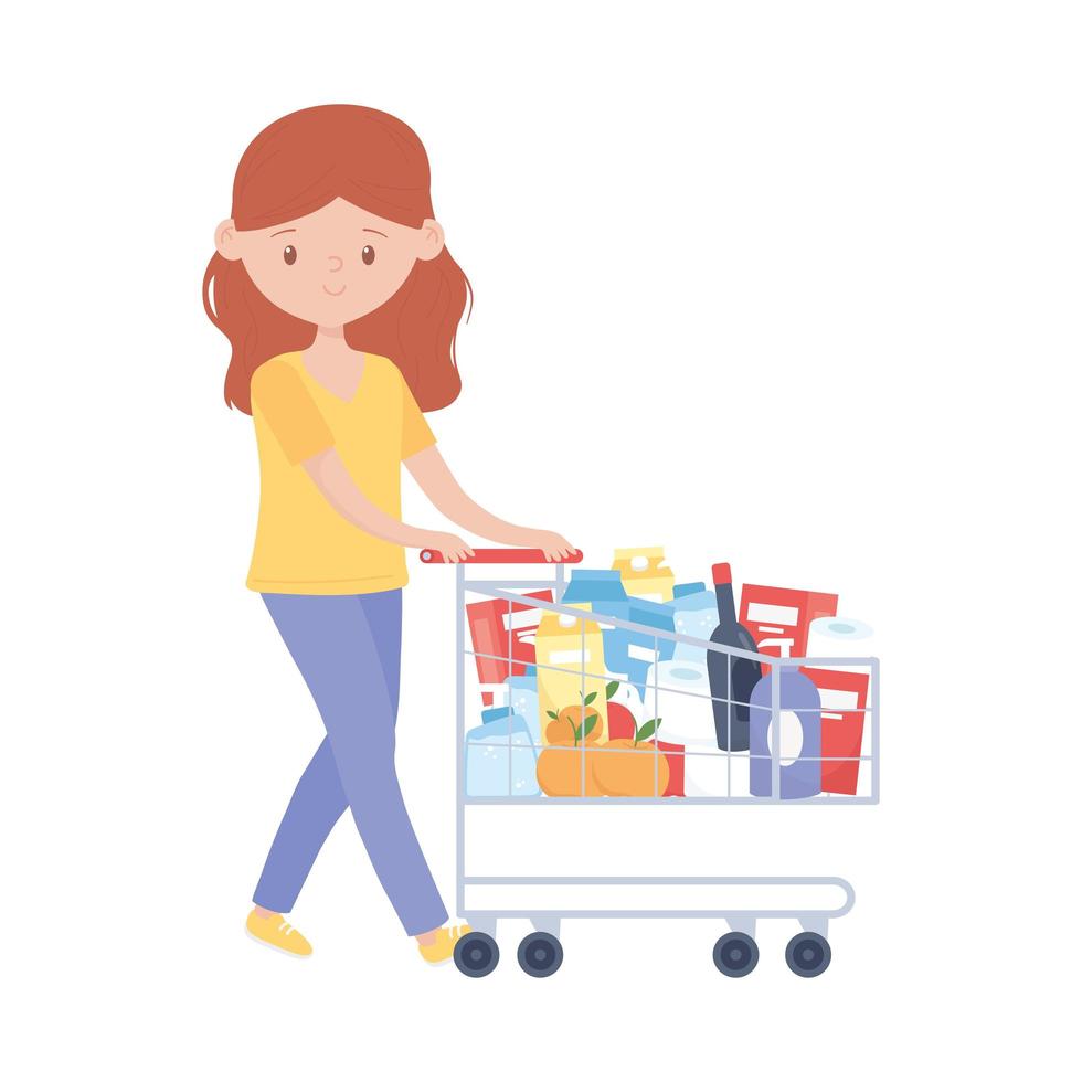 mujer de compras con carro y productos de diseño vectorial vector