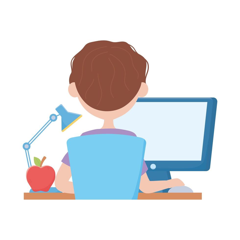 School boy with apple desk lamp and computer vector design