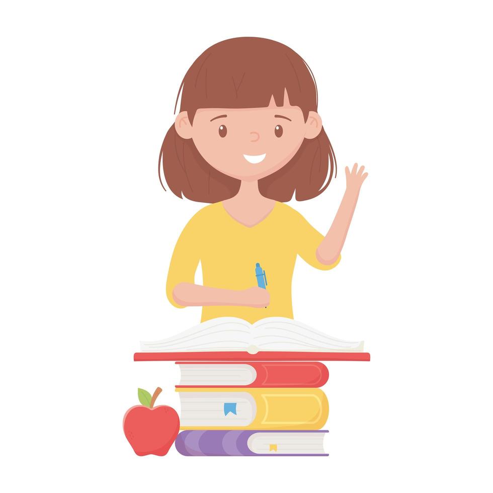 School girl with pen books and apple vector design