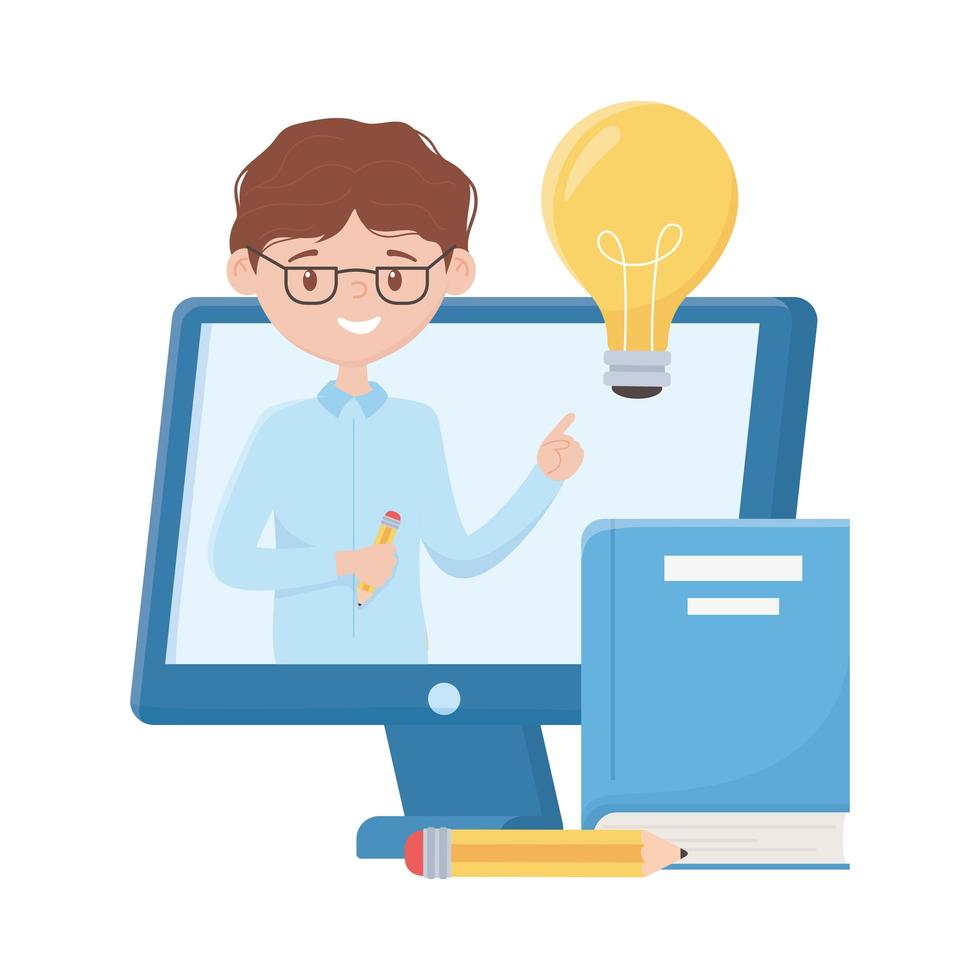 School boy with pencil book light bulb and computer vector design