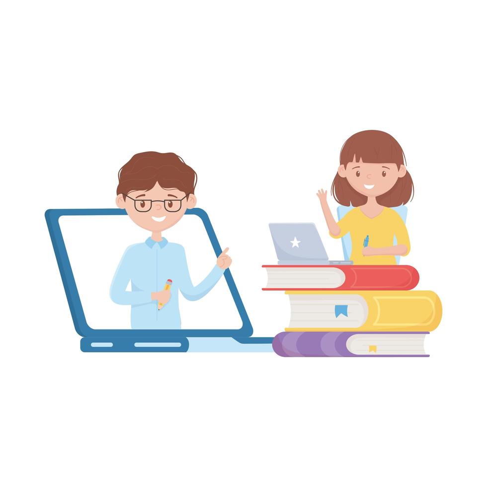 School girl boy laptop and books vector design