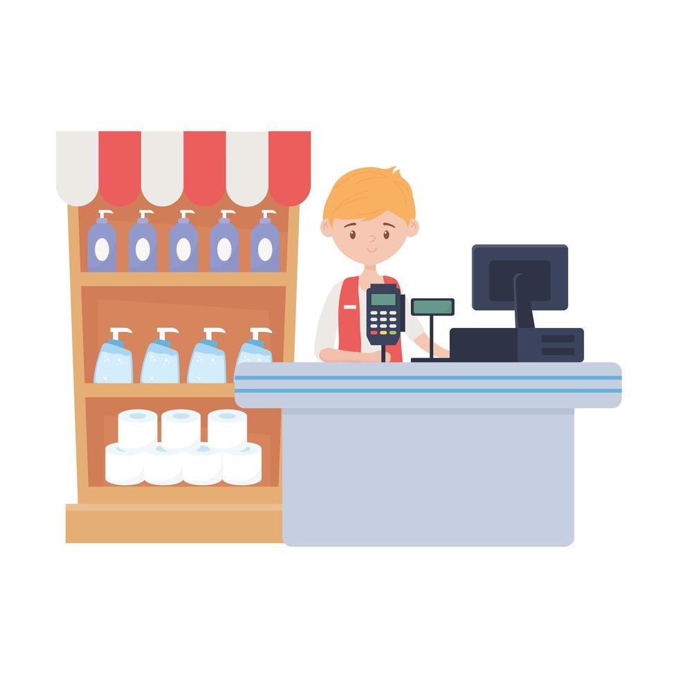 Counter with cash register seller and products vector design