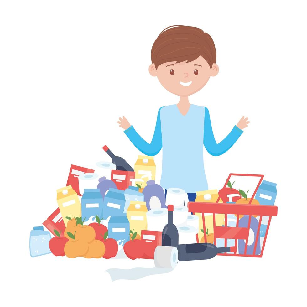 hombre de compras con cesta y productos de diseño vectorial vector