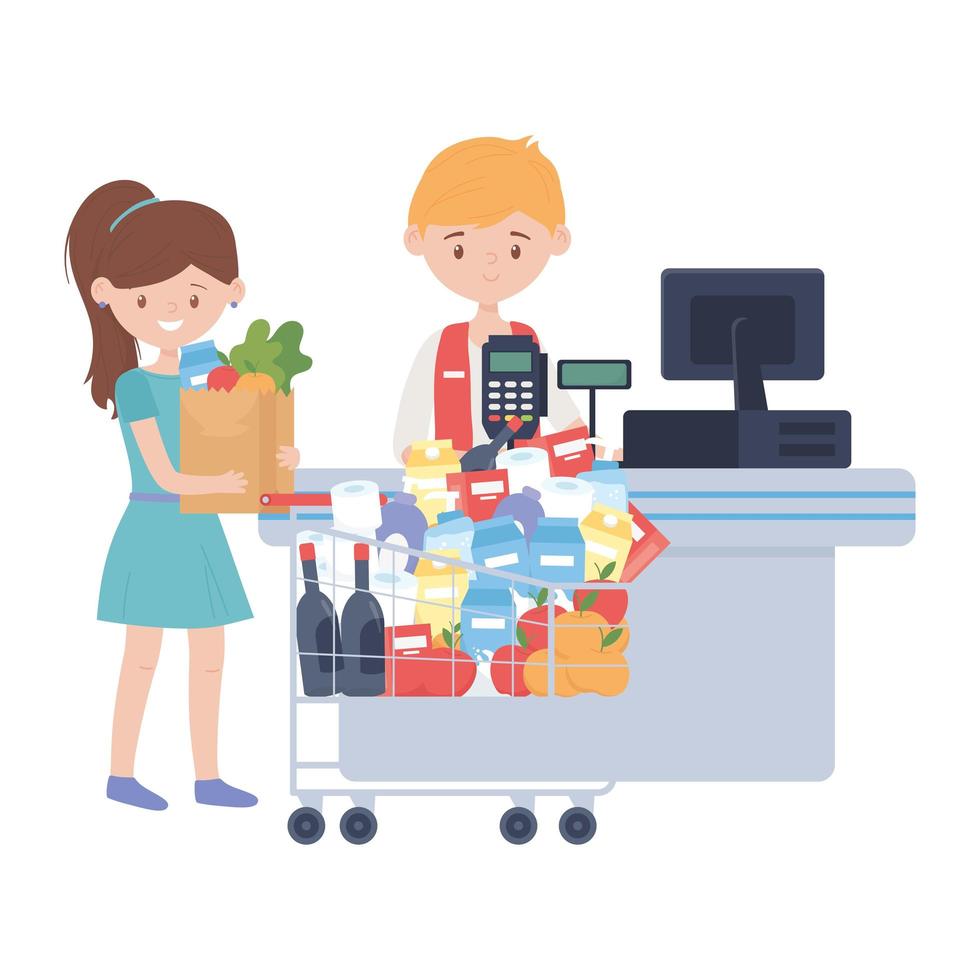 Counter with cash register seller and woman vector design